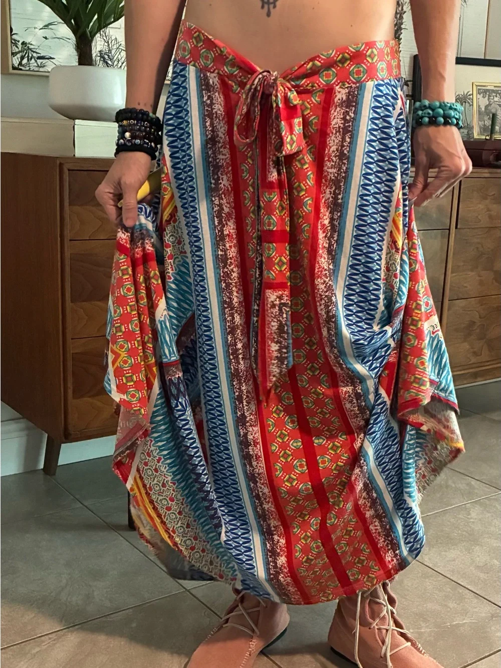 Bohemian Red & Blue Striped Maxi Skirt